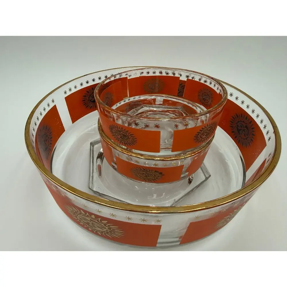 1970's Jeanette Glass Company Aztec Sun Chip & Dip Bowls